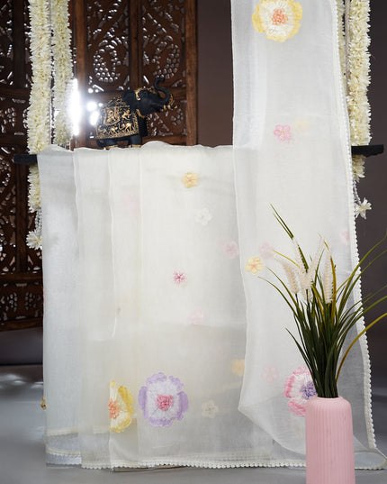 Soft Tissue Organza Silk With Thread Embroidery Work And Lace Border- Half White