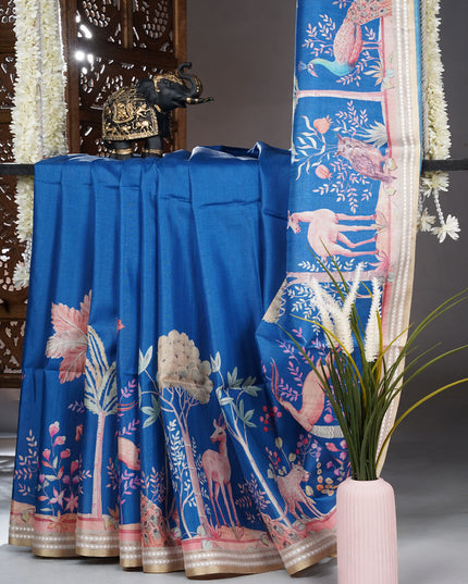 Tusser silk saree with digital print and thread weaving border - Blue