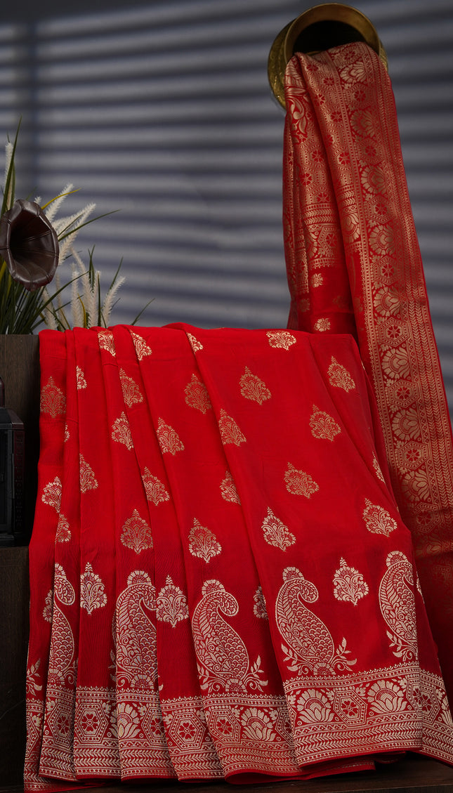 Banaras Silk With Allover Gold Zari Work - Red