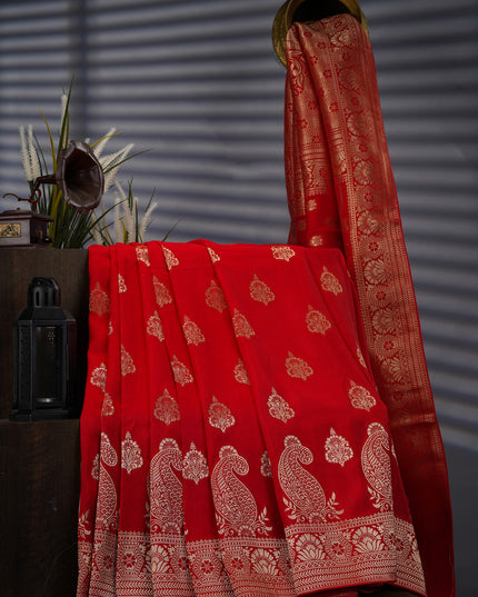 Banaras Silk With Allover Gold Zari Work - Red