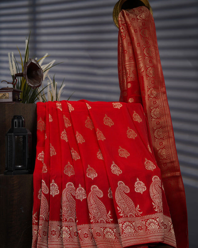 Banaras Silk With Allover Gold Zari Work - Red