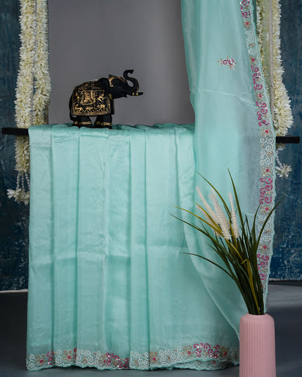 Russian crepe saree with Kardhana sequence butties and scallop border - Mint Green