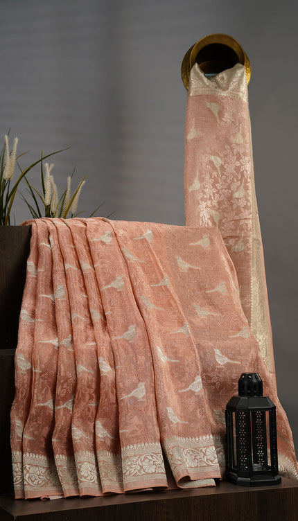 Tissue Banarasi Silk with All Over Self Weaving with Light Gold Zari Border - Peach