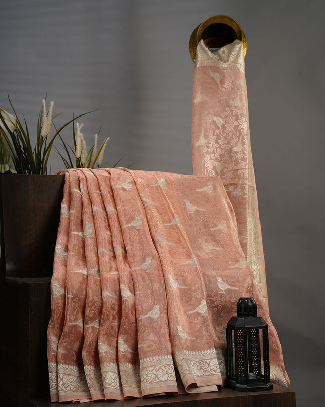 Tissue Banarasi Silk with All Over Self Weaving with Light Gold Zari Border - Peach