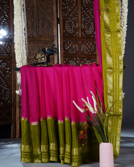 Chinnon Crape Saree French Knot Work Design and Golden Zari Gap Border Border - Pink