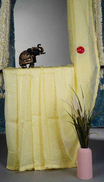 Russian Silk saree with Kardhana and applique Work with Scallop Border - L Yellow