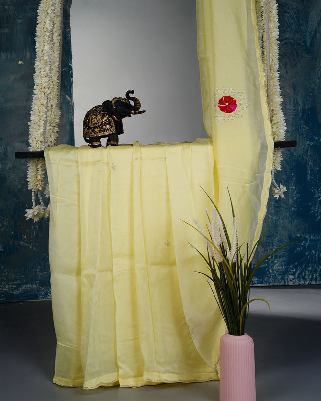 Russian Silk saree with Kardhana and applique Work with Scallop Border - L Yellow