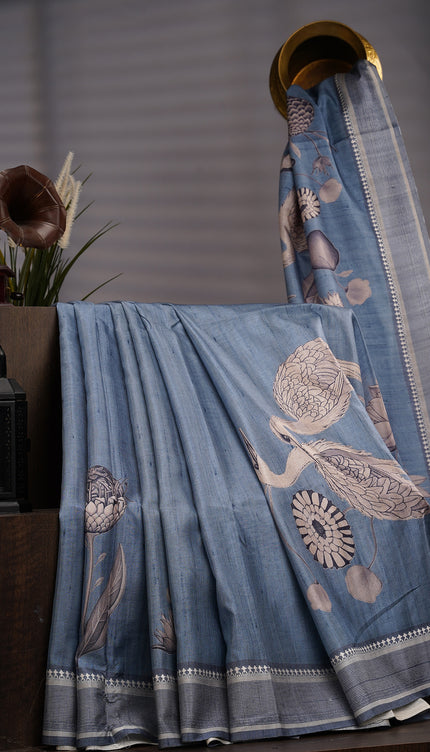 Tusser Silk With Digital Print Thread Border - Grey