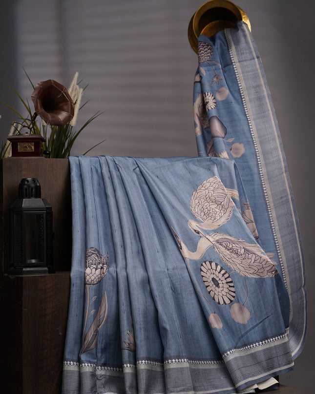 Tusser Silk With Digital Print Thread Border - Grey