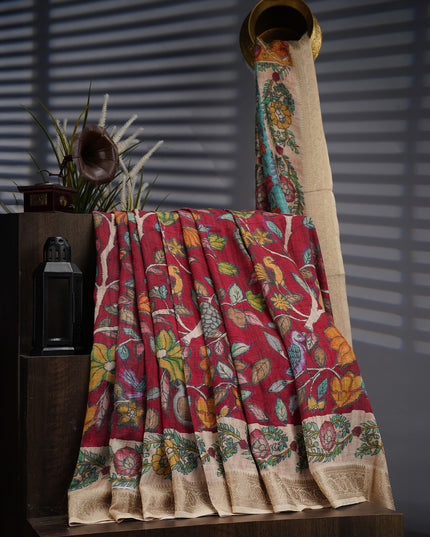 Tusser Kalamkari with Kanchi Border- Rani Pink