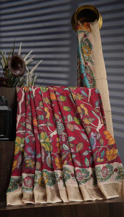 Tusser Kalamkari with Kanchi Border- Rani Pink