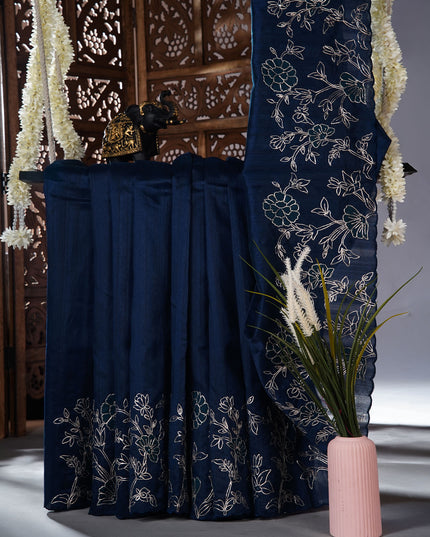 Tusser silk saree with applique and pitta work with scallop border - Teal Blue