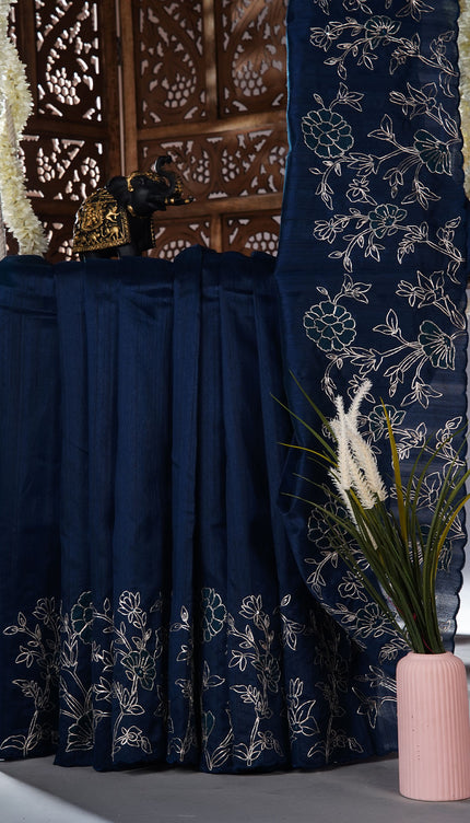 Tusser silk saree with applique and pitta work with scallop border - Teal Blue