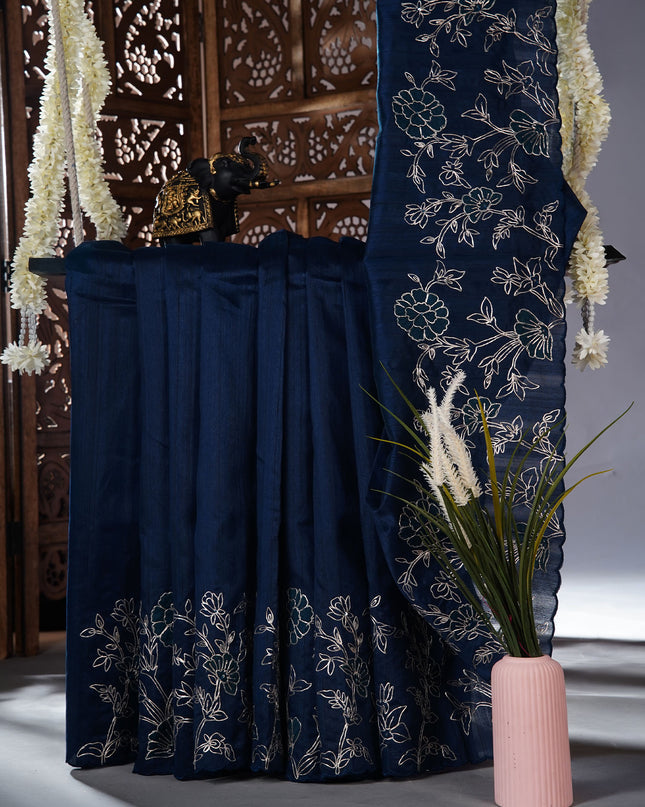 Tusser silk saree with applique and pitta work with scallop border - Teal Blue