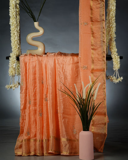 Russian Crepe Kardhana Sequence Work Butties and Gold Stripes- Peach