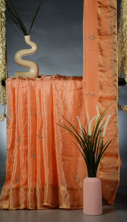 Russian Crepe Kardhana Sequence Work Butties and Gold Stripes- Peach