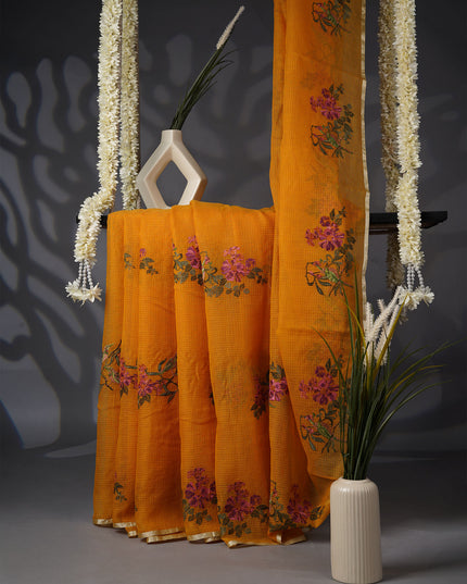 Kota Saree with Thread Work Butties and Silver Zari Border- Mustard Yellow