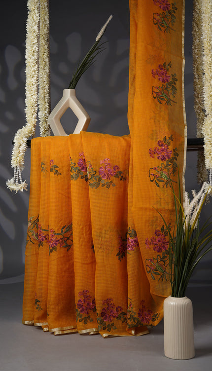 Kota Saree with Thread Work Butties and Silver Zari Border- Mustard Yellow