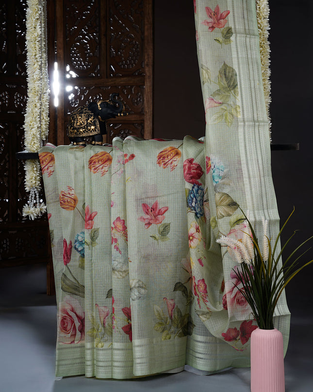 Kota cotton Saree with Floral Print - L Green