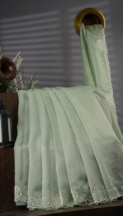 Tissue Linen Saree With Scallop Border With Pearl Work - Mint Green