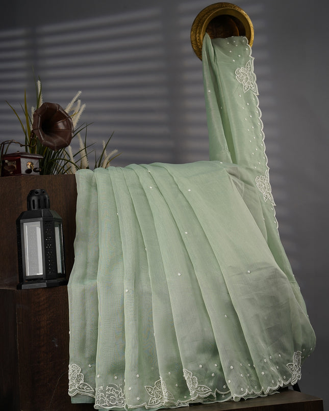 Tissue Linen Saree With Scallop Border With Pearl Work - Mint Green