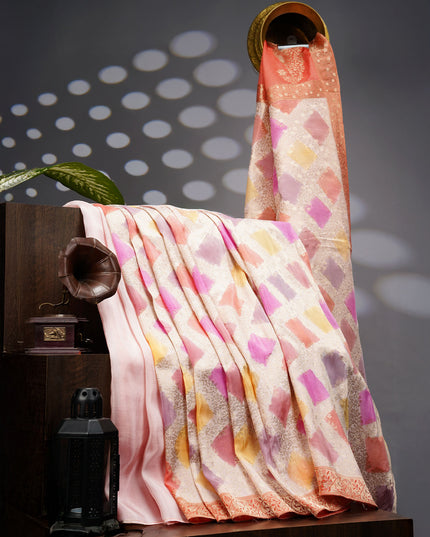 Banaras Rancut Saree With Contrast Border - Cream & Orange