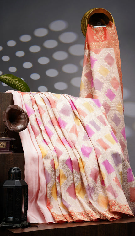 Banaras Rancut Saree With Contrast Border - Cream & Orange