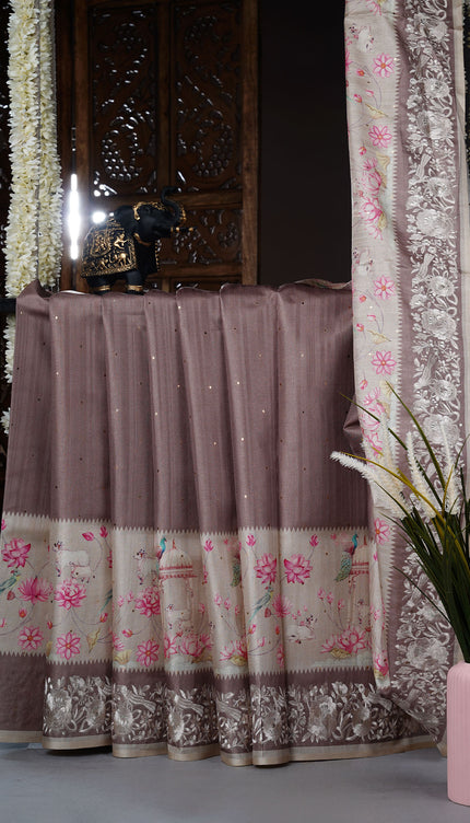 Tusser Silk saree with Parce Work Border - Tan