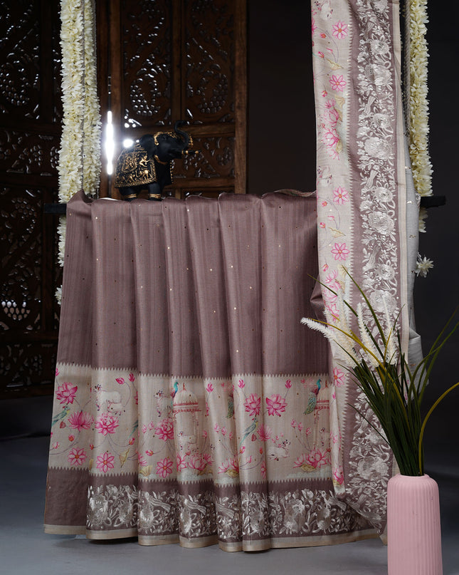 Tusser Silk saree with Parce Work Border - Tan