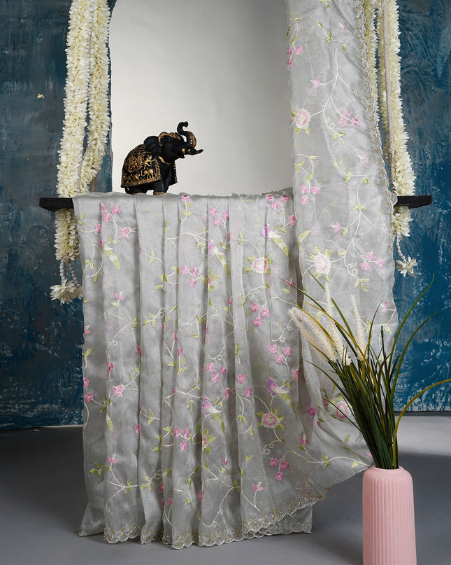 Tissue Georgette saree with thread Embroidered work and scallop border - Light Grey