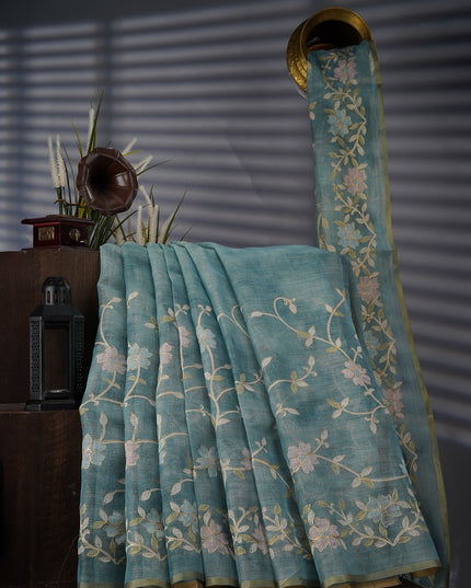 Tissue Linen Saree With Floral Print And Ari Work - Mint Blue