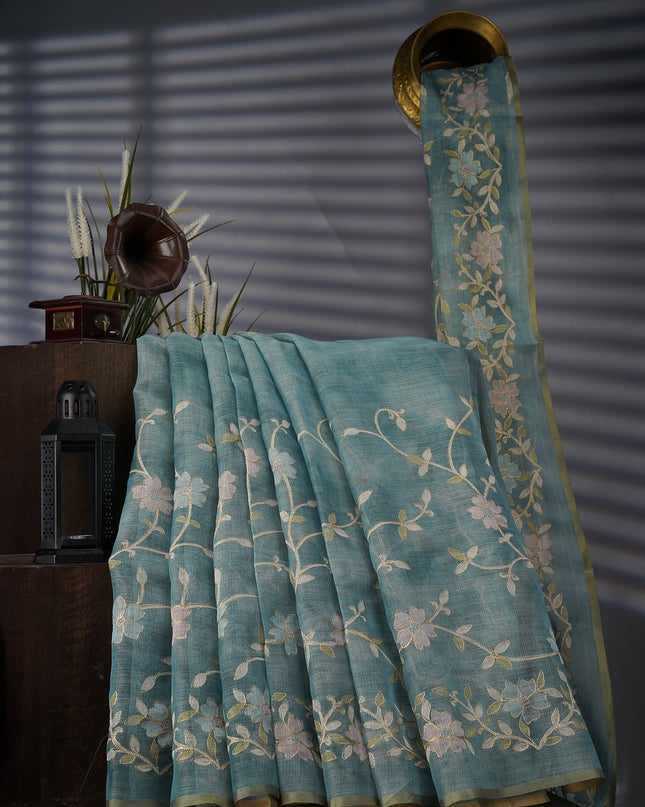 Tissue Linen Saree With Floral Print And Ari Work - Mint Blue