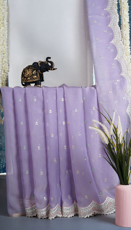 Soft Tissue Organza With Thread Embroidery Butties With Scallop Border - Lavender