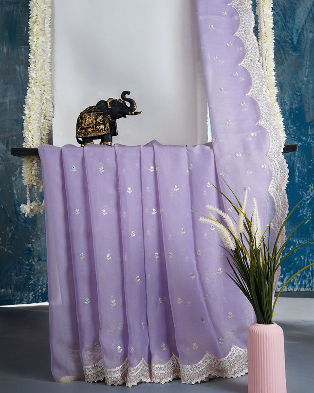 Soft Tissue Organza With Thread Embroidery Butties With Scallop Border - Lavender