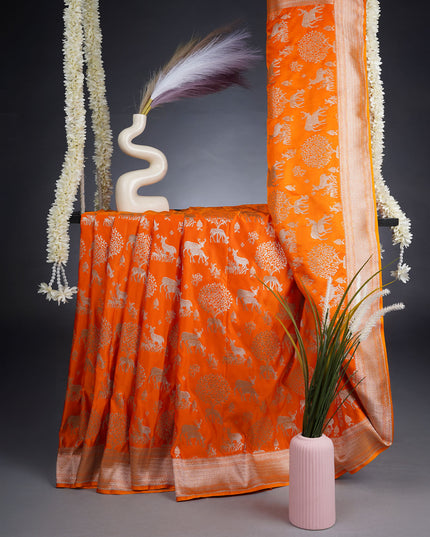 Mashru Banaras Silk Saree With Golden Zari Border - Orange