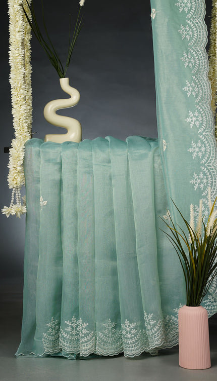 Tissue Lenin Saree with Pull and Kardhana Work Scallop Border with Thread Work-Mint Blue