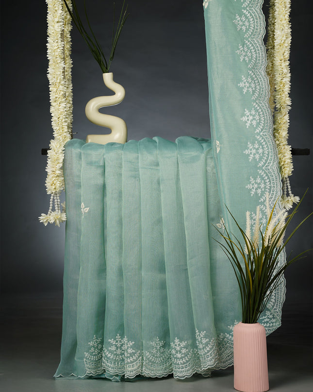 Tissue Lenin Saree with Pull and Kardhana Work Scallop Border with Thread Work-Mint Blue