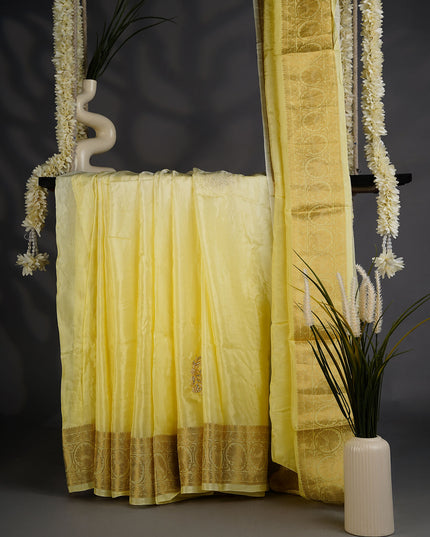 Russian Crepe with Zardozi Butties and Banaras Border- Yellow