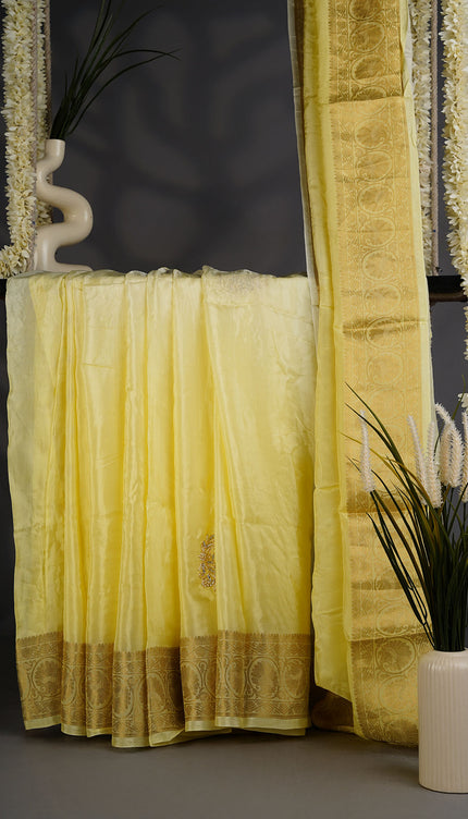 Russian Crepe with Zardozi Butties and Banaras Border- Yellow