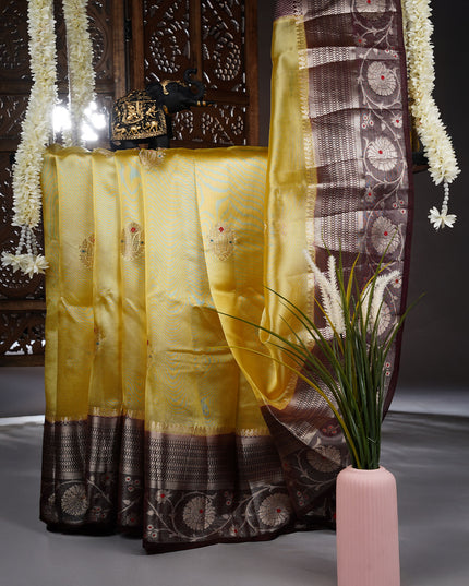 Banaras Tissue Saree With Gold Butties & Contrast Border - Yellow