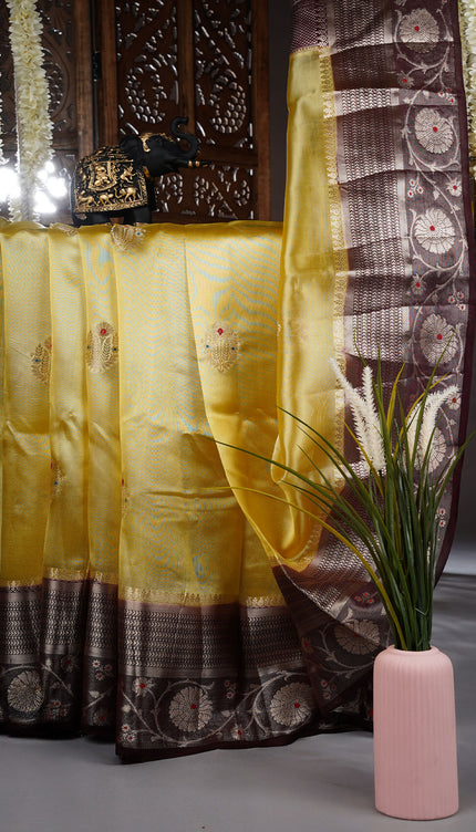 Banaras Tissue Saree With Gold Butties & Contrast Border - Yellow