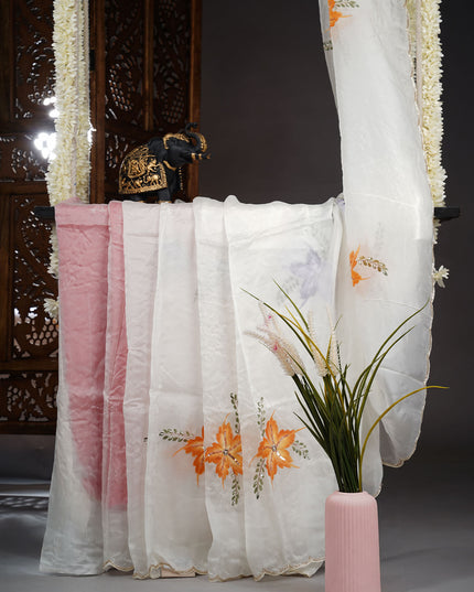 Russian Silk Saree Hand Painting Design With Kardana & Sequence Work Scallop Border With Pearl Work - White