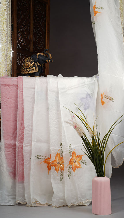 Russian Silk Saree Hand Painting Design With Kardana & Sequence Work Scallop Border With Pearl Work - White