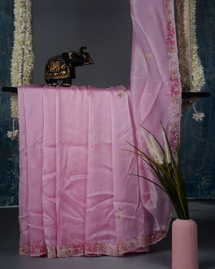 Russian crepe saree with Kardhana sequence butties and scallop border - Baby Pink