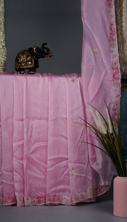 Russian crepe saree with Kardhana sequence butties and scallop border - Baby Pink