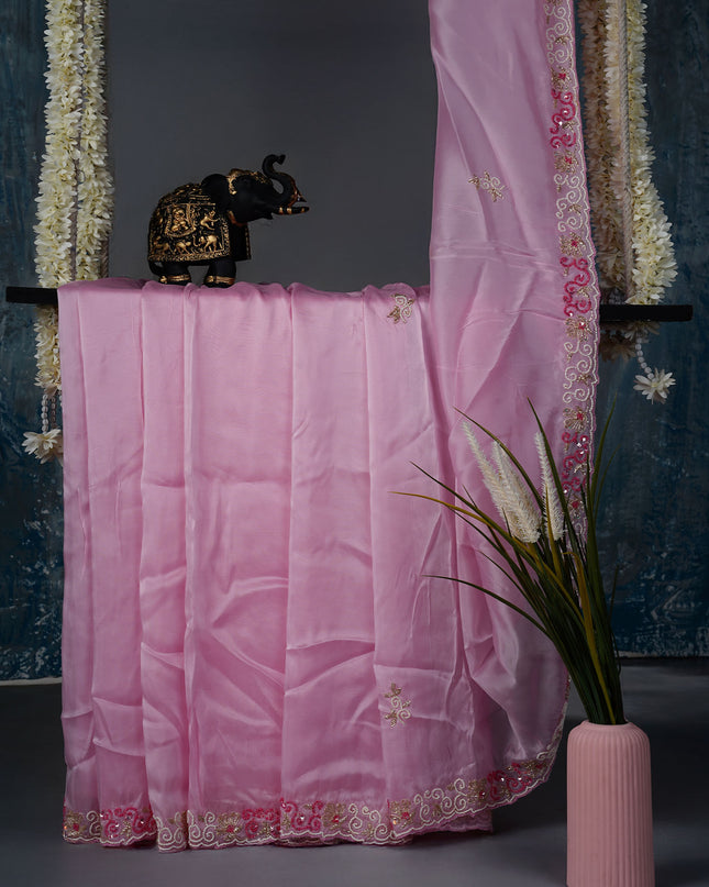 Russian crepe saree with Kardhana sequence butties and scallop border - Baby Pink