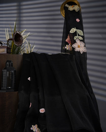 Tissue Organza Silk With Thread Embroidery Work & Lace Border - Black