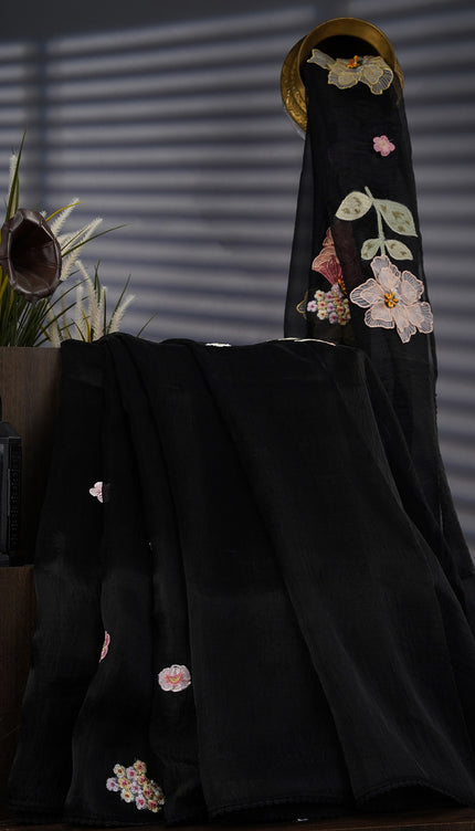 Tissue Organza Silk With Thread Embroidery Work & Lace Border - Black