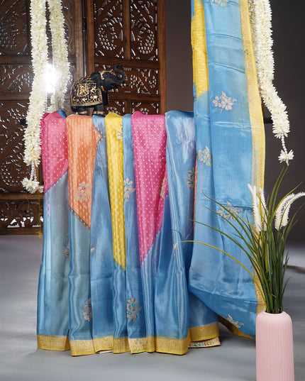 Wrinkle Crepe Saree With Gold Zari Butties Contrast Border - Blue