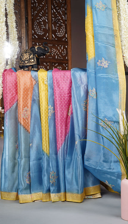 Wrinkle Crepe Saree With Gold Zari Butties Contrast Border - Blue